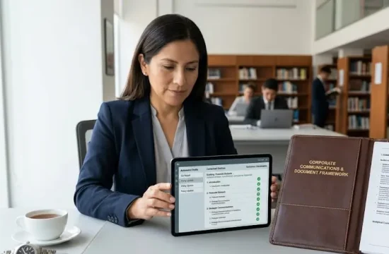Professional writer utilizing AI productivity tools on a tablet to clear out a corporate report backlog.