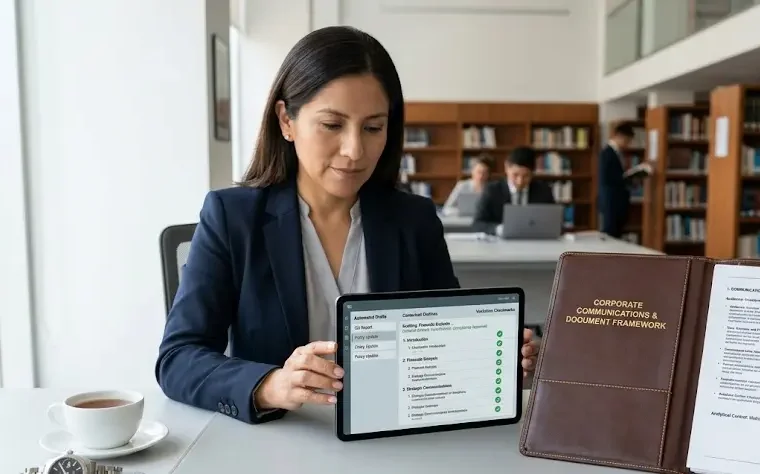 Professional writer utilizing AI productivity tools on a tablet to clear out a corporate report backlog.