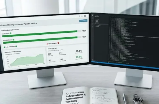 A professional monitor showing a clear split-screen layout: a chaotic system log on the left side and a clean testing automation pass on the right.