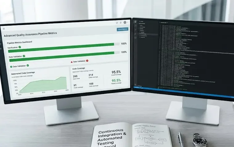 A professional monitor showing a clear split-screen layout: a chaotic system log on the left side and a clean testing automation pass on the right.
