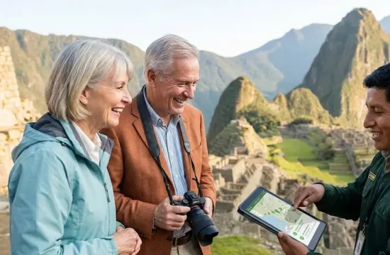 Una pareja de turistas senior disfrutando de una terraza en Machu Picchu con guía experto, validando su experiencia premium all-inclusive y su Machu Picchu tour cost.