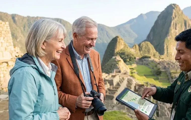 Una pareja de turistas senior disfrutando de una terraza en Machu Picchu con guía experto, validando su experiencia premium all-inclusive y su Machu Picchu tour cost.
