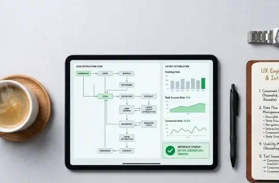 A UX engineer optimizing input feedback loops and information hierarchy layouts on a modern web application screen.