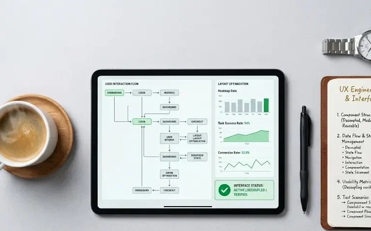 A UX engineer optimizing input feedback loops and information hierarchy layouts on a modern web application screen.