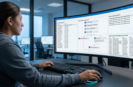 Architecture diagram demonstrating AI process automation in Microsoft 365 connecting SharePoint libraries, Teams triggers, and automated reporting.