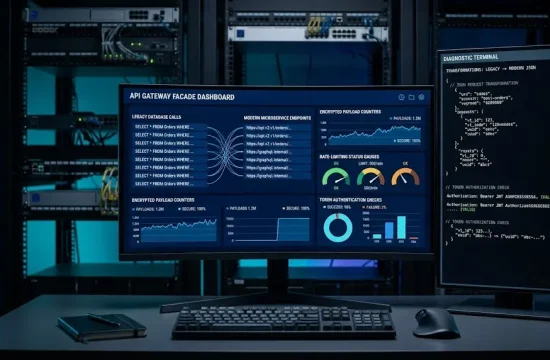 An API gateway monitoring dashboard mapping legacy database calls to modern microservice endpoints.