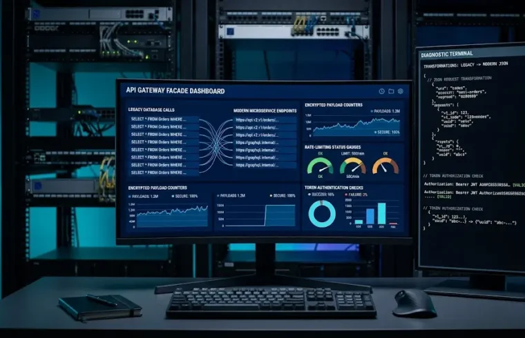 An API gateway monitoring dashboard mapping legacy database calls to modern microservice endpoints.