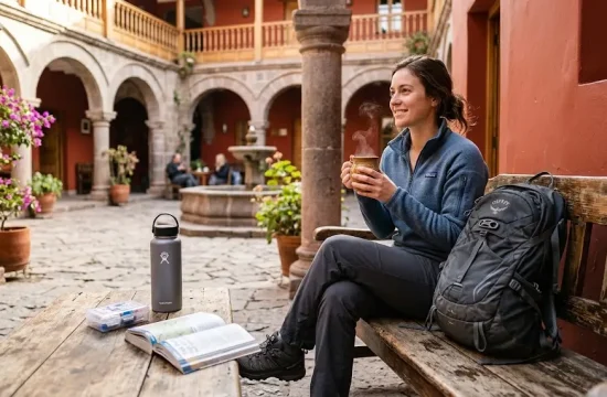 Hiker practicing preventing soroche rainbow mountain hike methods by resting and sipping coca tea in Cusco before trekking.
