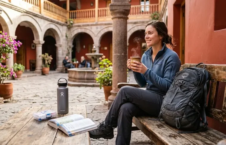 Hiker practicing preventing soroche rainbow mountain hike methods by resting and sipping coca tea in Cusco before trekking.