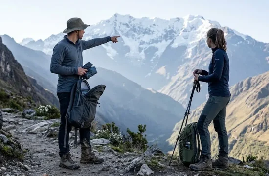 Hiker reviewing what to bring to humantay lake on a trail resting point in the Peruvian Andes