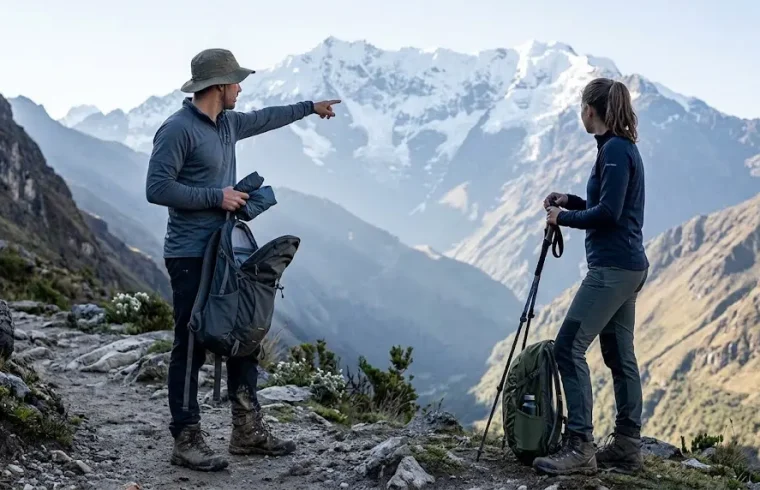 Hiker reviewing what to bring to humantay lake on a trail resting point in the Peruvian Andes