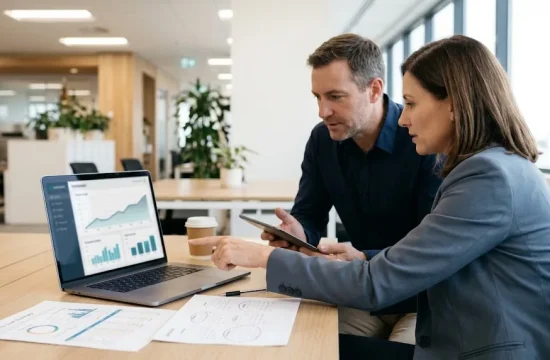 Finance and IT leads reviewing Copilot ROI on a laptop, comparing monthly license expense with estimated hours saved by each team