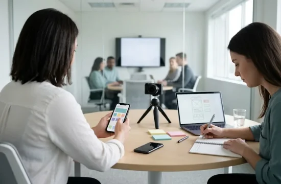 Moderated usability session where a tester tries a banking app on a phone while a QA analyst takes notes, comparing usability testing companies